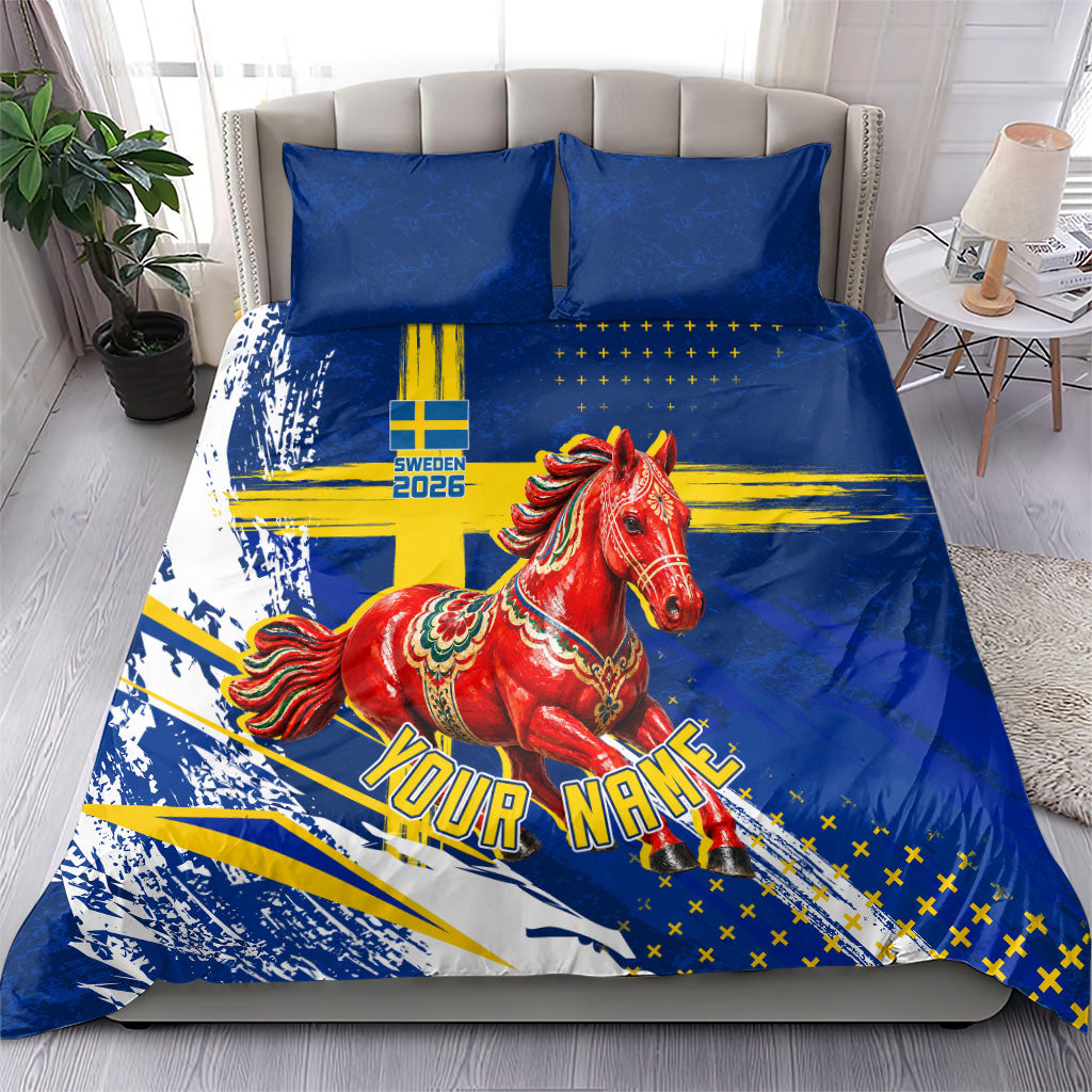 Personalized Sweden Dala Horse Soccer 2026 Bedding Set Grunge Swedish Flag Brush Strokes