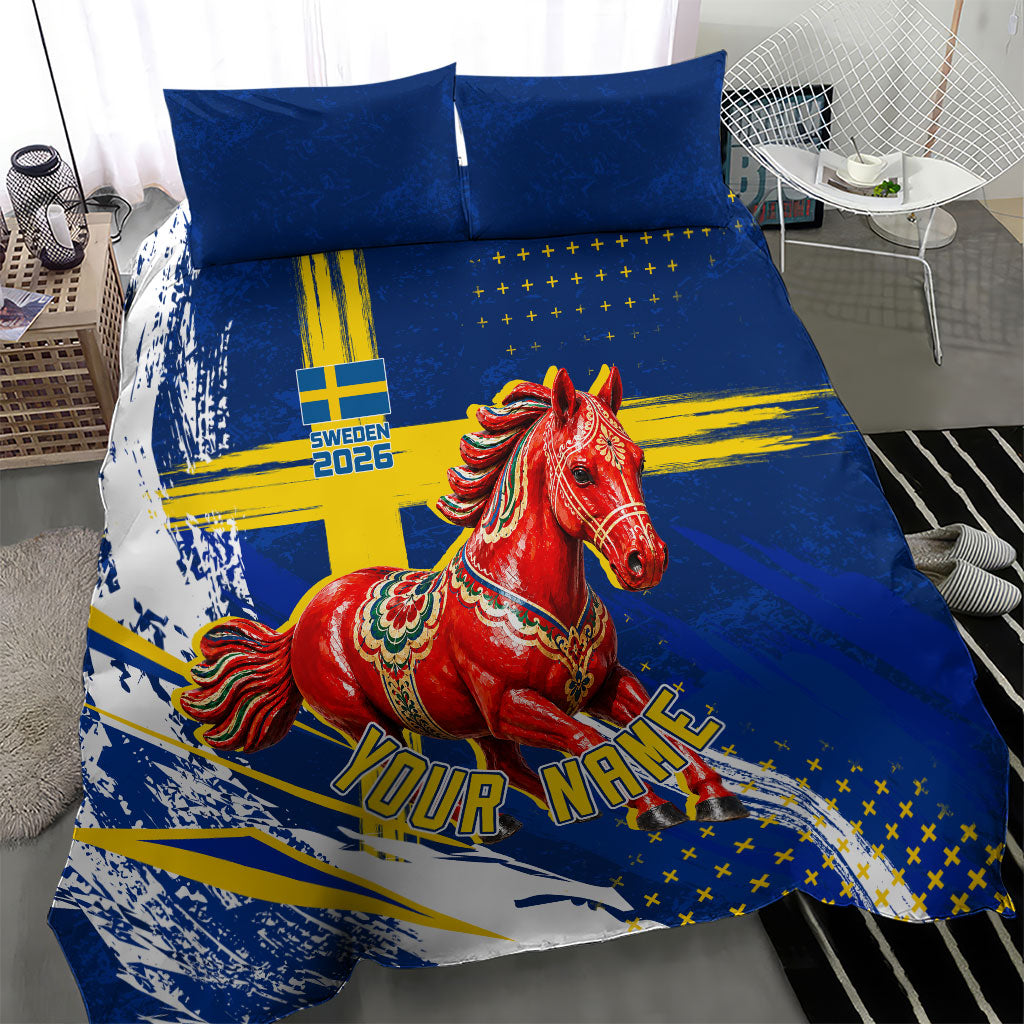 Personalized Sweden Dala Horse Soccer 2026 Bedding Set Grunge Swedish Flag Brush Strokes