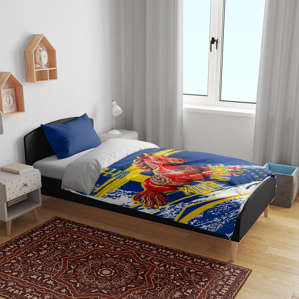 Personalized Sweden Dala Horse Soccer 2026 Bedding Set Grunge Swedish Flag Brush Strokes