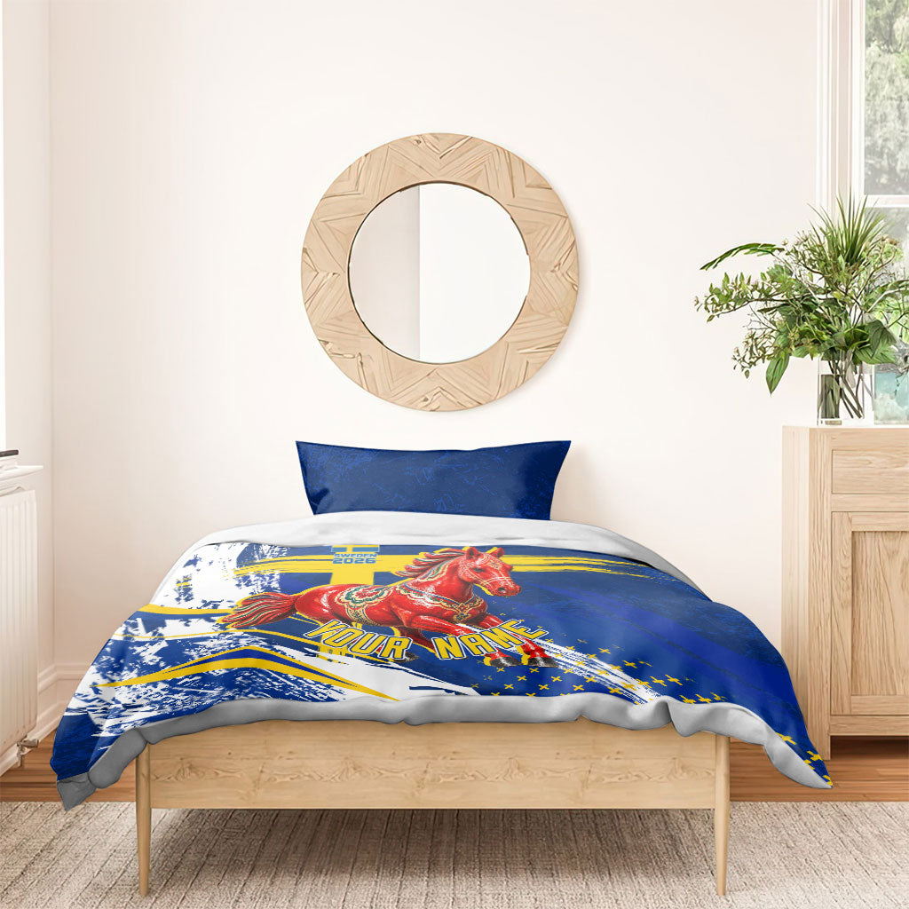 Personalized Sweden Dala Horse Soccer 2026 Bedding Set Grunge Swedish Flag Brush Strokes