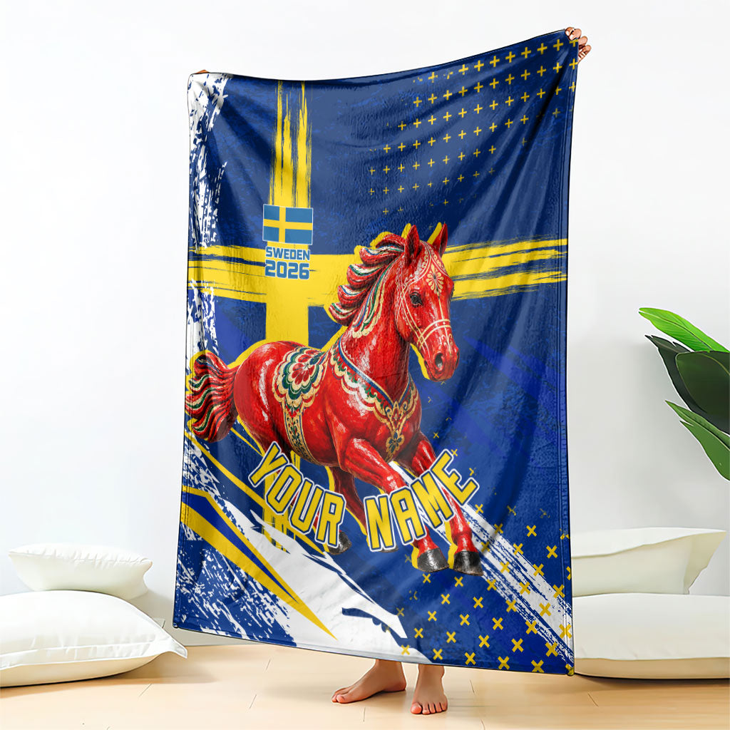 Personalized Sweden Dala Horse Soccer 2026 Blanket Grunge Swedish Flag Brush Strokes