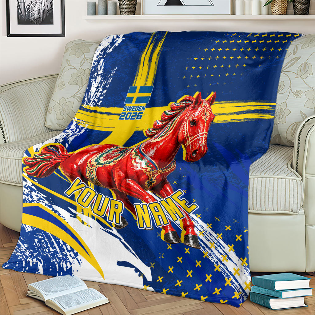 Personalized Sweden Dala Horse Soccer 2026 Blanket Grunge Swedish Flag Brush Strokes