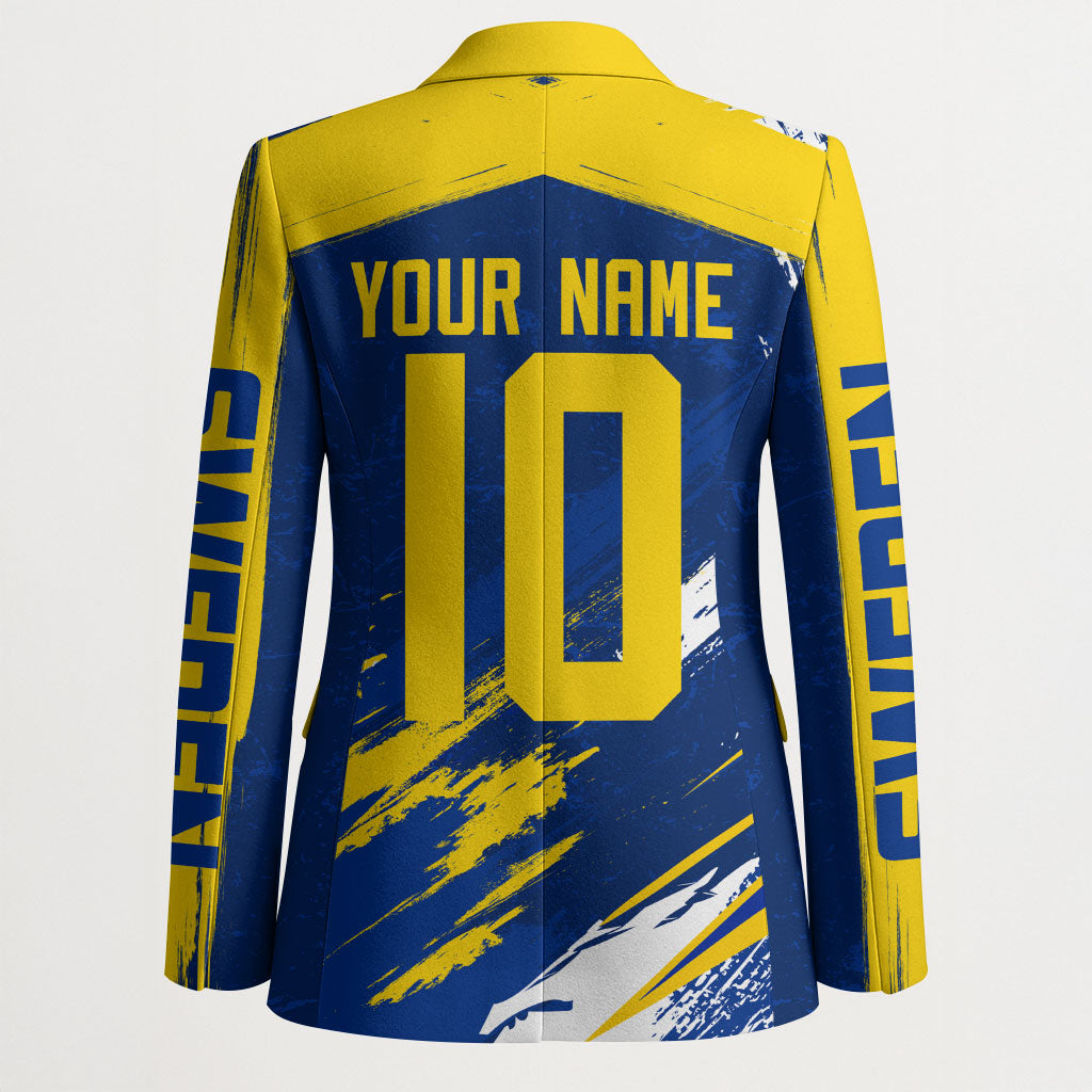 Personalized Sweden Dala Horse Soccer 2026 Blazer Grunge Swedish Flag Brush Strokes