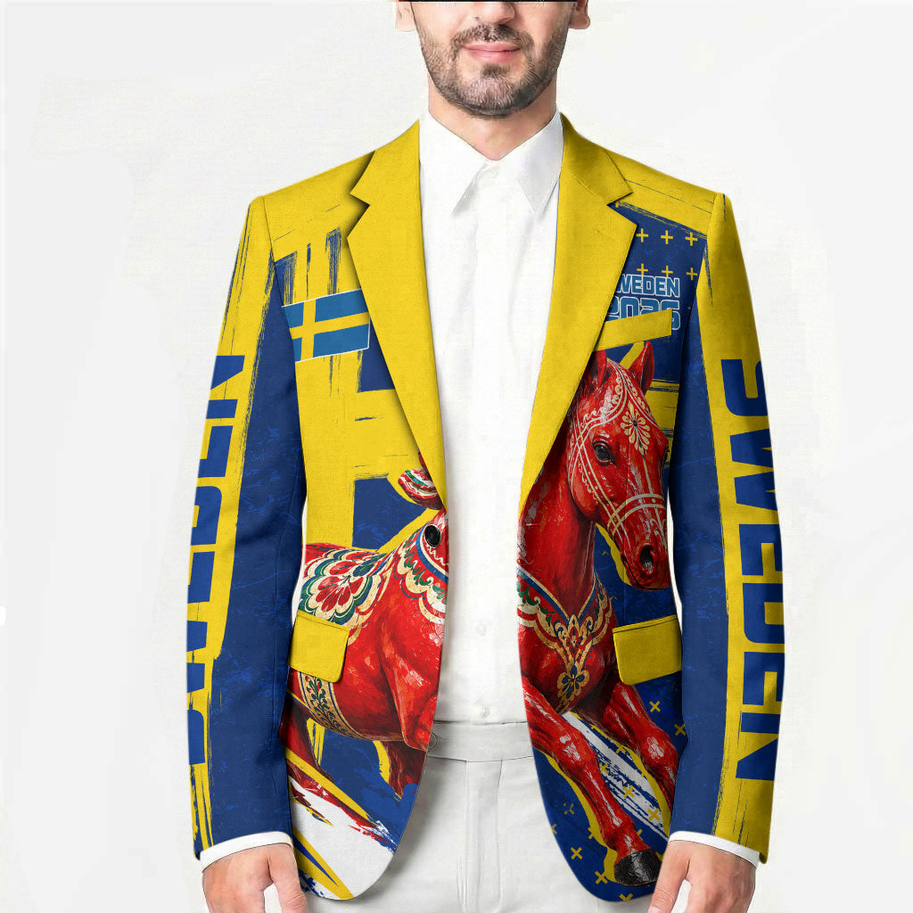 Personalized Sweden Dala Horse Soccer 2026 Blazer Grunge Swedish Flag Brush Strokes