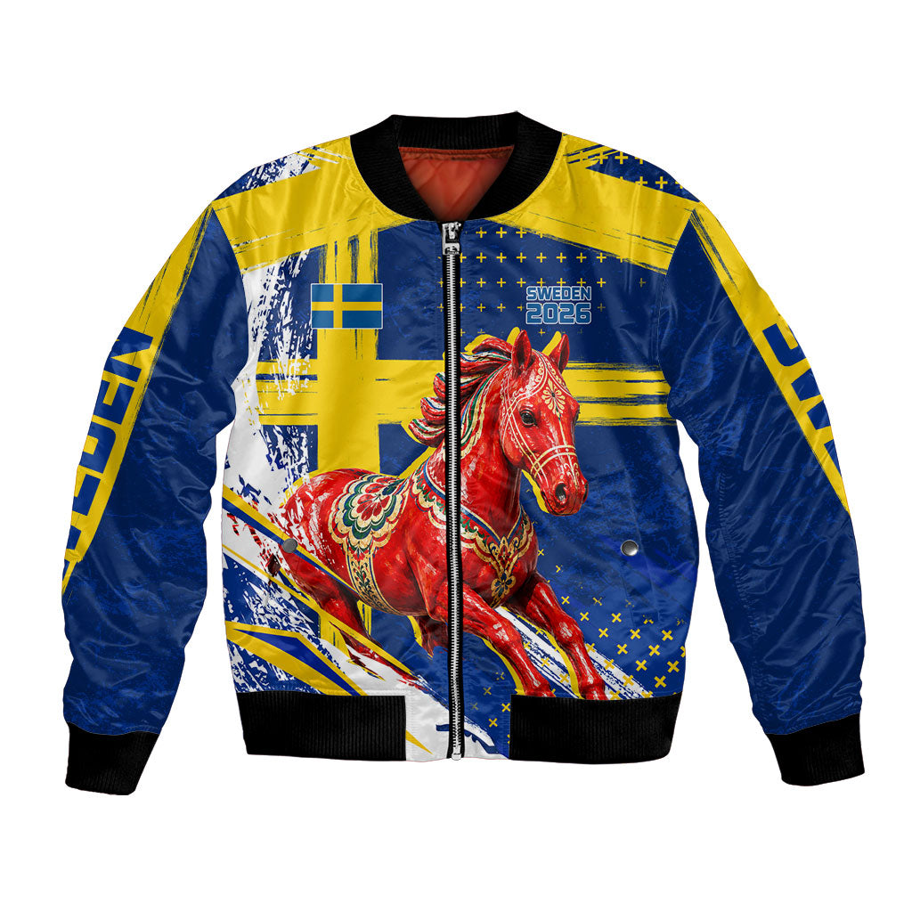 Personalized Sweden Dala Horse Soccer 2026 Bomber Jacket Grunge Swedish Flag Brush Strokes
