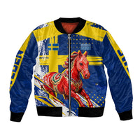 Personalized Sweden Dala Horse Soccer 2026 Bomber Jacket Grunge Swedish Flag Brush Strokes