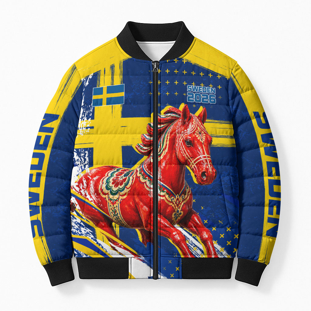 Personalized Sweden Dala Horse Soccer 2026 Bomber Puffer Jacket Grunge Swedish Flag Brush Strokes