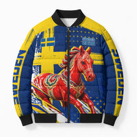 Personalized Sweden Dala Horse Soccer 2026 Bomber Puffer Jacket Grunge Swedish Flag Brush Strokes