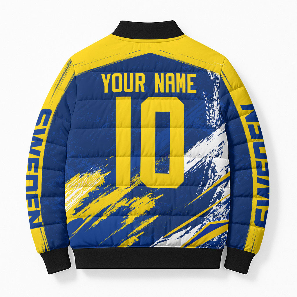 Personalized Sweden Dala Horse Soccer 2026 Bomber Puffer Jacket Grunge Swedish Flag Brush Strokes