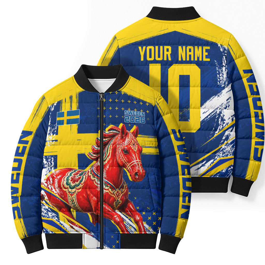 Personalized Sweden Dala Horse Soccer 2026 Bomber Puffer Jacket Grunge Swedish Flag Brush Strokes