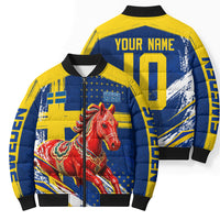 Personalized Sweden Dala Horse Soccer 2026 Bomber Puffer Jacket Grunge Swedish Flag Brush Strokes