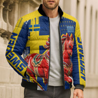 Personalized Sweden Dala Horse Soccer 2026 Bomber Puffer Jacket Grunge Swedish Flag Brush Strokes