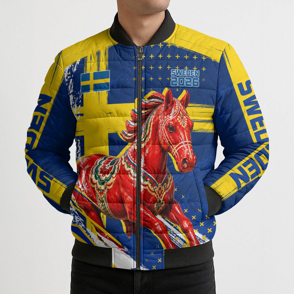 Personalized Sweden Dala Horse Soccer 2026 Bomber Puffer Jacket Grunge Swedish Flag Brush Strokes