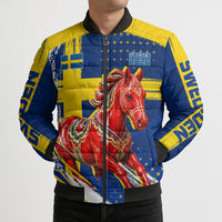 Personalized Sweden Dala Horse Soccer 2026 Bomber Puffer Jacket Grunge Swedish Flag Brush Strokes