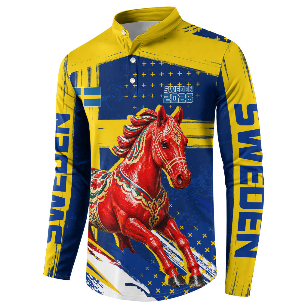 Personalized Sweden Dala Horse Soccer 2026 Button Sweatshirt Grunge Swedish Flag Brush Strokes