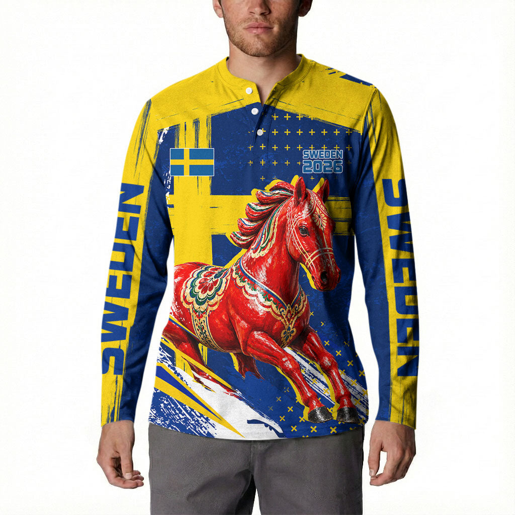 Personalized Sweden Dala Horse Soccer 2026 Button Sweatshirt Grunge Swedish Flag Brush Strokes