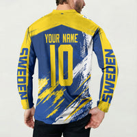Personalized Sweden Dala Horse Soccer 2026 Button Sweatshirt Grunge Swedish Flag Brush Strokes