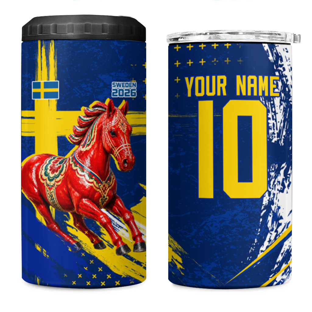 Personalized Sweden Dala Horse Soccer 2026 4 in 1 Can Cooler Tumbler Grunge Swedish Flag Brush Strokes