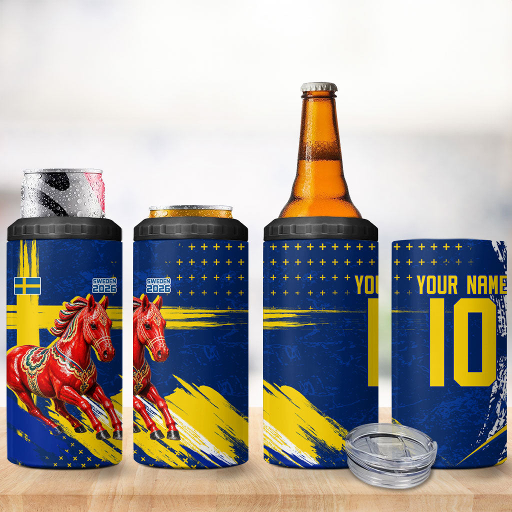 Personalized Sweden Dala Horse Soccer 2026 4 in 1 Can Cooler Tumbler Grunge Swedish Flag Brush Strokes