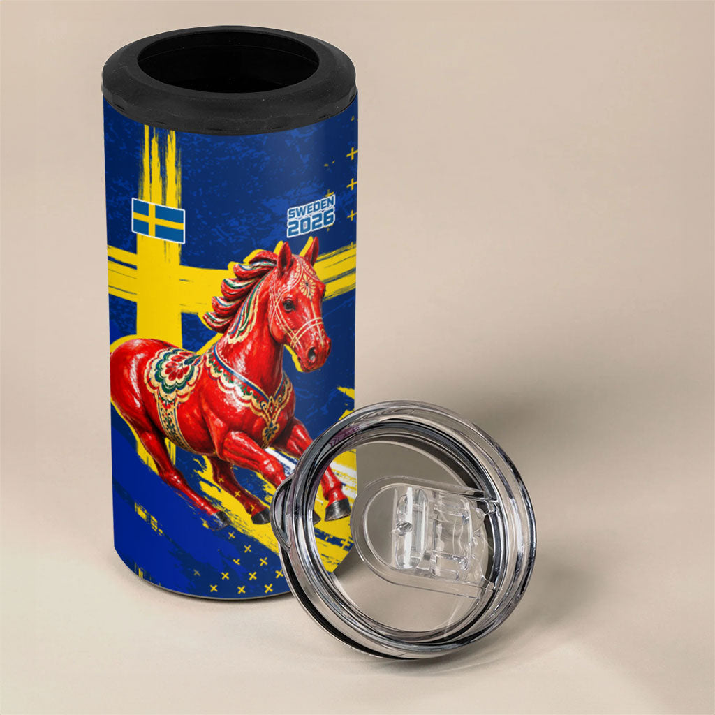 Personalized Sweden Dala Horse Soccer 2026 4 in 1 Can Cooler Tumbler Grunge Swedish Flag Brush Strokes