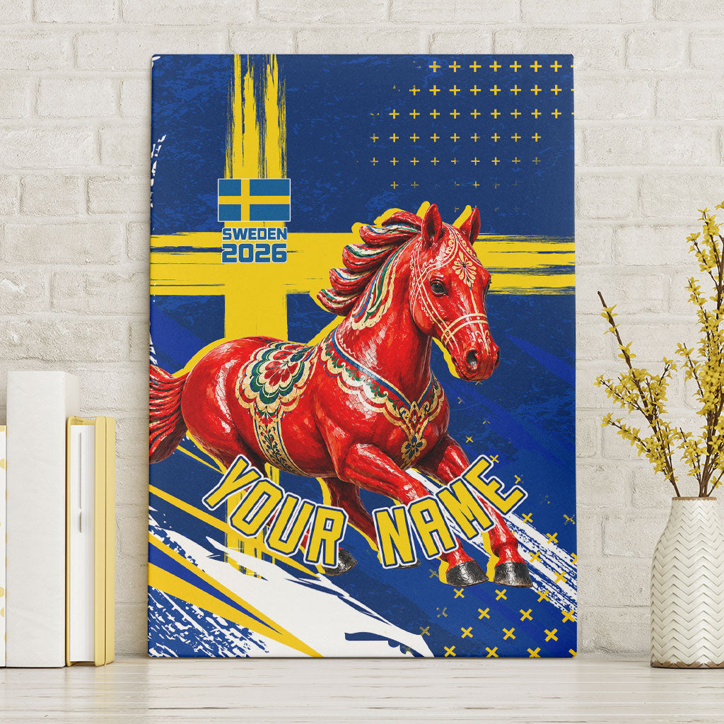 Personalized Sweden Dala Horse Soccer 2026 Canvas Wall Art Grunge Swedish Flag Brush Strokes