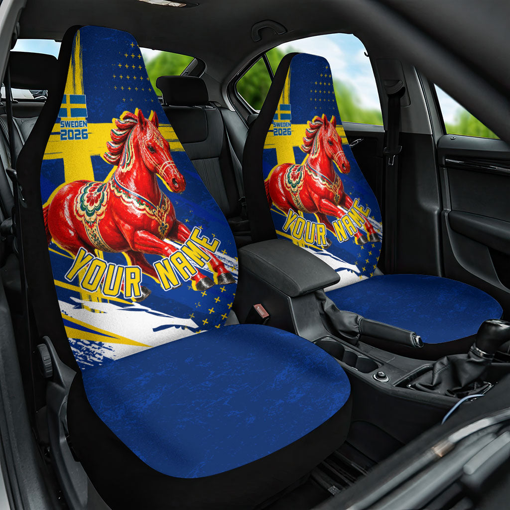Personalized Sweden Dala Horse Soccer 2026 Car Seat Cover Grunge Swedish Flag Brush Strokes