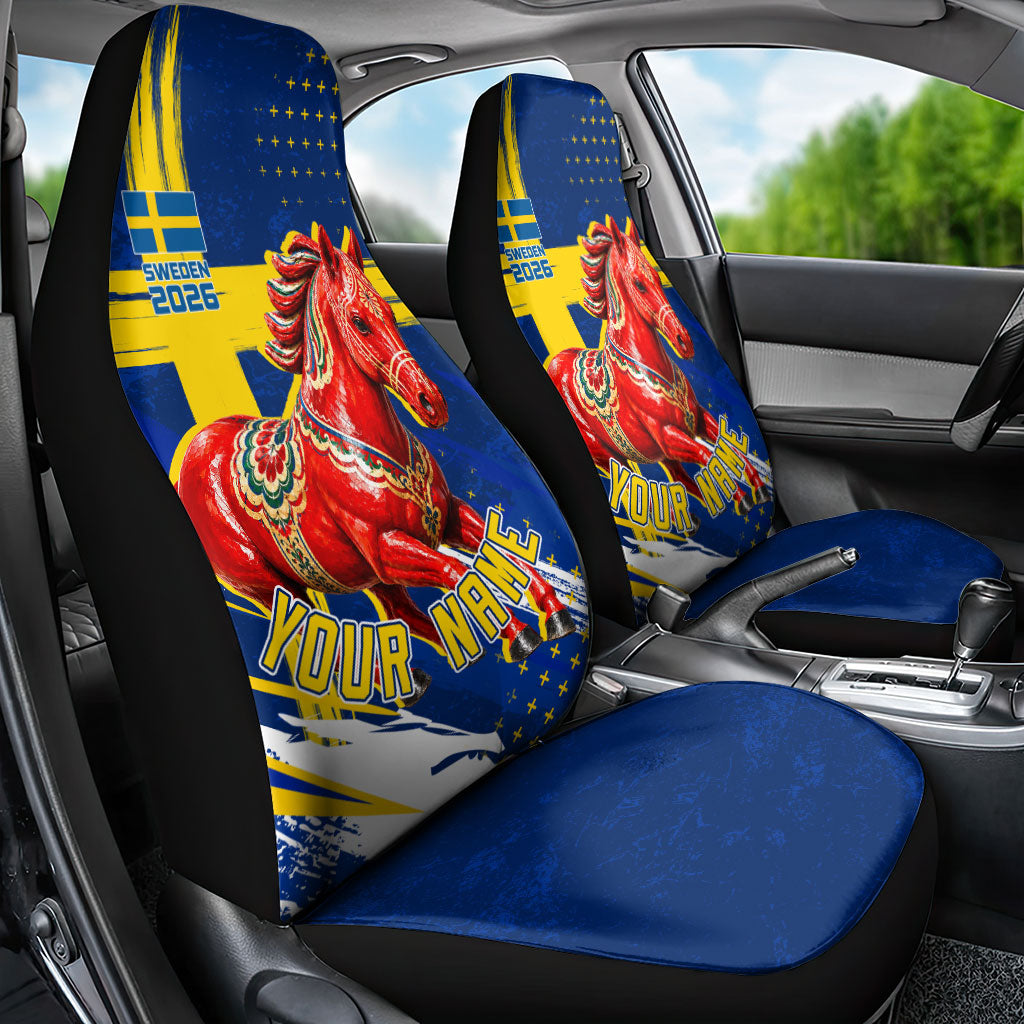 Personalized Sweden Dala Horse Soccer 2026 Car Seat Cover Grunge Swedish Flag Brush Strokes