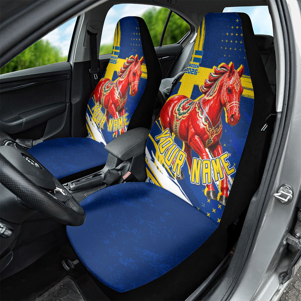 Personalized Sweden Dala Horse Soccer 2026 Car Seat Cover Grunge Swedish Flag Brush Strokes