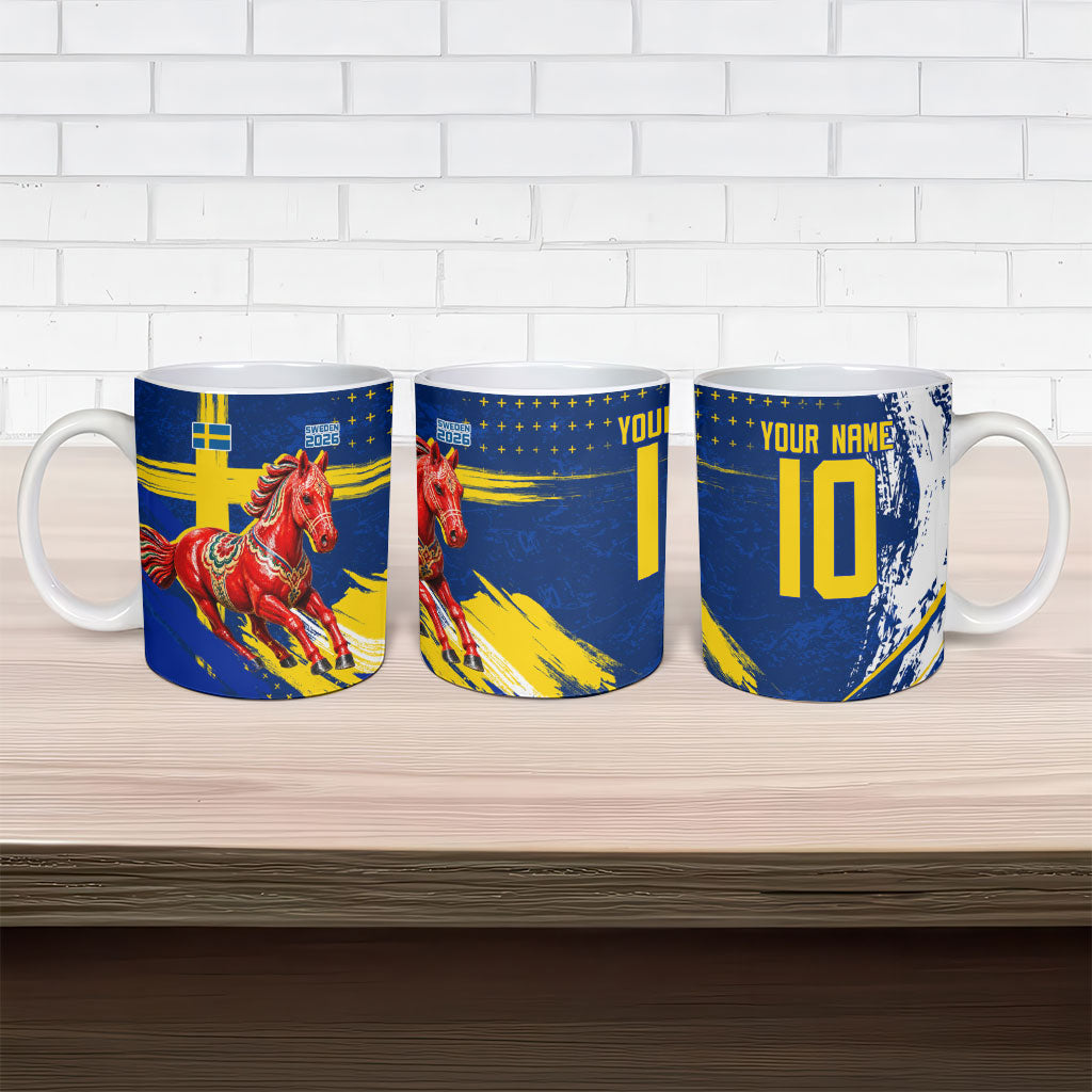 Personalized Sweden Dala Horse Soccer 2026 Ceramic Mug Grunge Swedish Flag Brush Strokes
