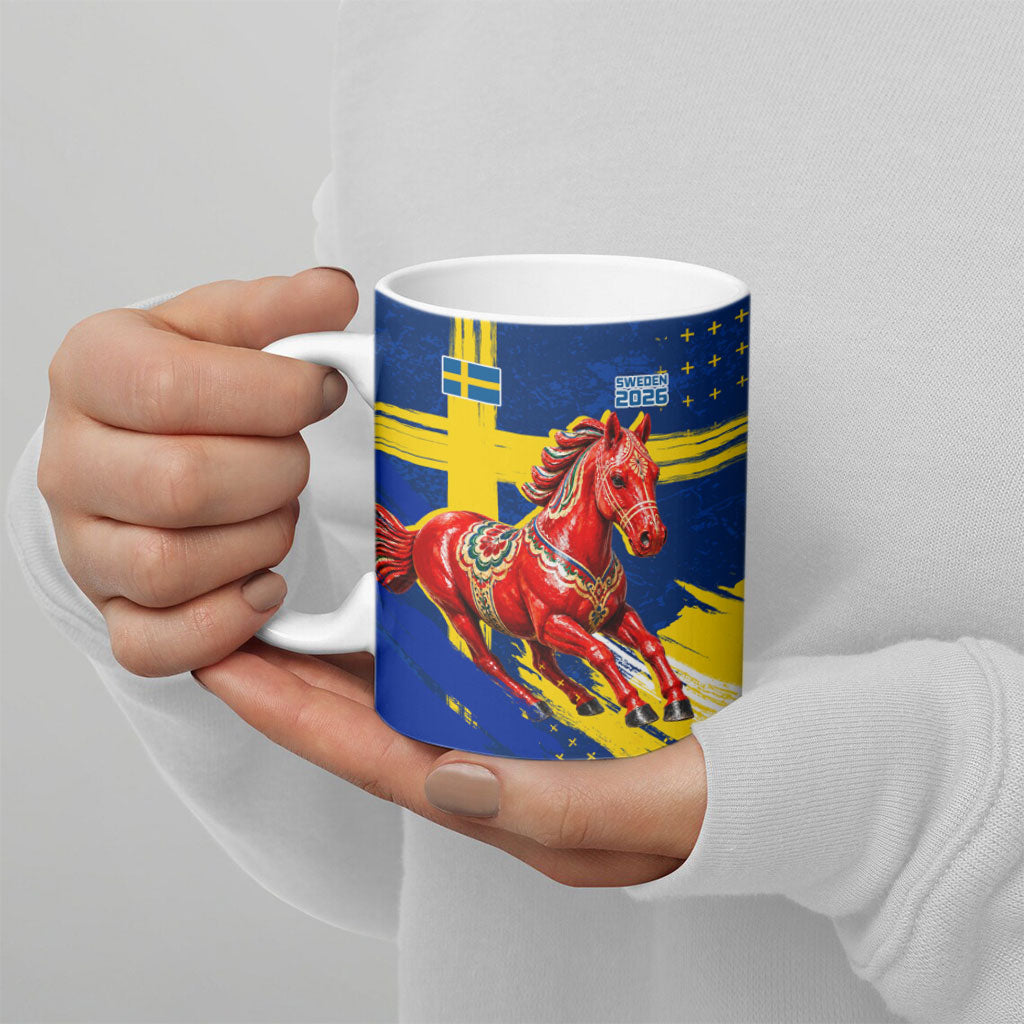 Personalized Sweden Dala Horse Soccer 2026 Ceramic Mug Grunge Swedish Flag Brush Strokes