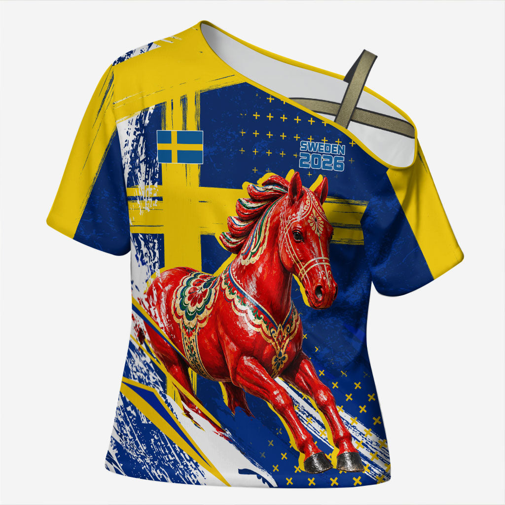 Personalized Sweden Dala Horse Soccer 2026 Cross Shoulder Shirt Grunge Swedish Flag Brush Strokes