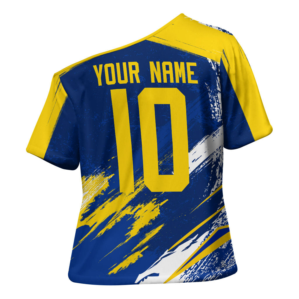 Personalized Sweden Dala Horse Soccer 2026 Cross Shoulder Shirt Grunge Swedish Flag Brush Strokes