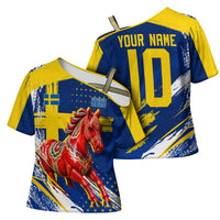 Personalized Sweden Dala Horse Soccer 2026 Cross Shoulder Shirt Grunge Swedish Flag Brush Strokes