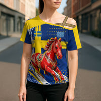 Personalized Sweden Dala Horse Soccer 2026 Cross Shoulder Shirt Grunge Swedish Flag Brush Strokes