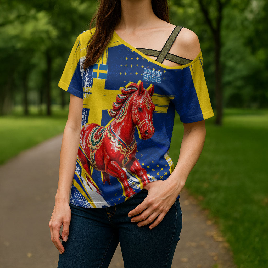Personalized Sweden Dala Horse Soccer 2026 Cross Shoulder Shirt Grunge Swedish Flag Brush Strokes
