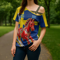 Personalized Sweden Dala Horse Soccer 2026 Cross Shoulder Shirt Grunge Swedish Flag Brush Strokes