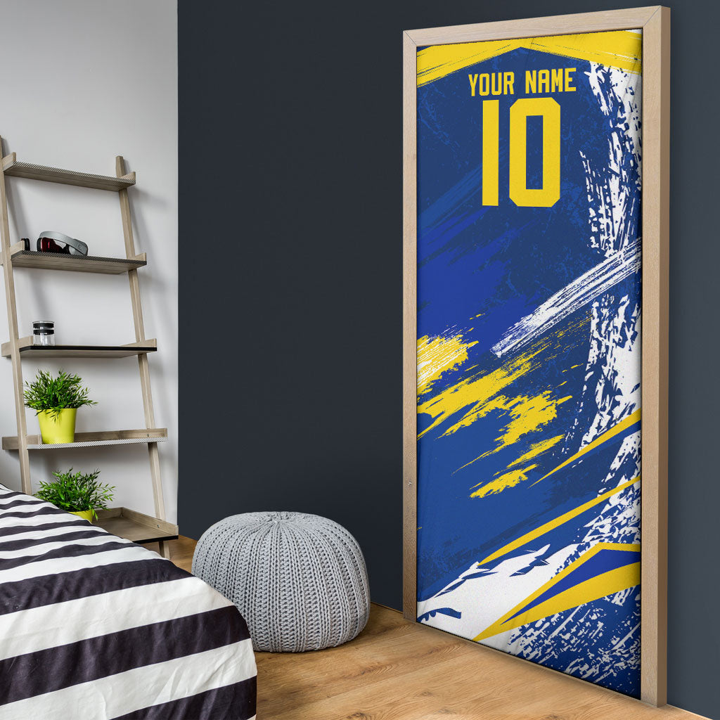 Personalized Sweden Dala Horse Soccer 2026 Door Cover Grunge Swedish Flag Brush Strokes