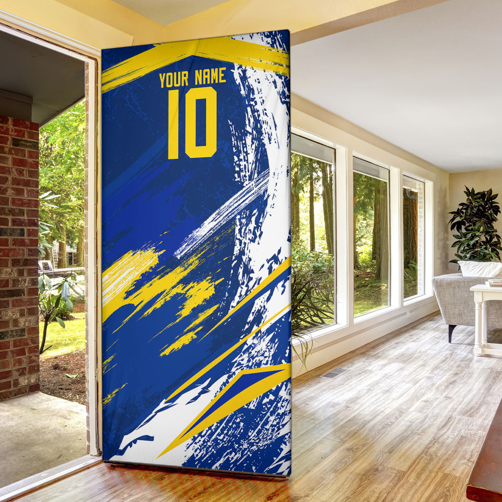 Personalized Sweden Dala Horse Soccer 2026 Door Cover Grunge Swedish Flag Brush Strokes