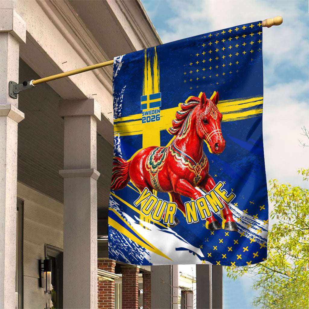 Personalized Sweden Dala Horse Soccer 2026 Garden Flag Grunge Swedish Flag Brush Strokes
