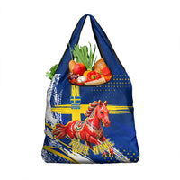 Personalized Sweden Dala Horse Soccer 2026 Grocery Bag Grunge Swedish Flag Brush Strokes