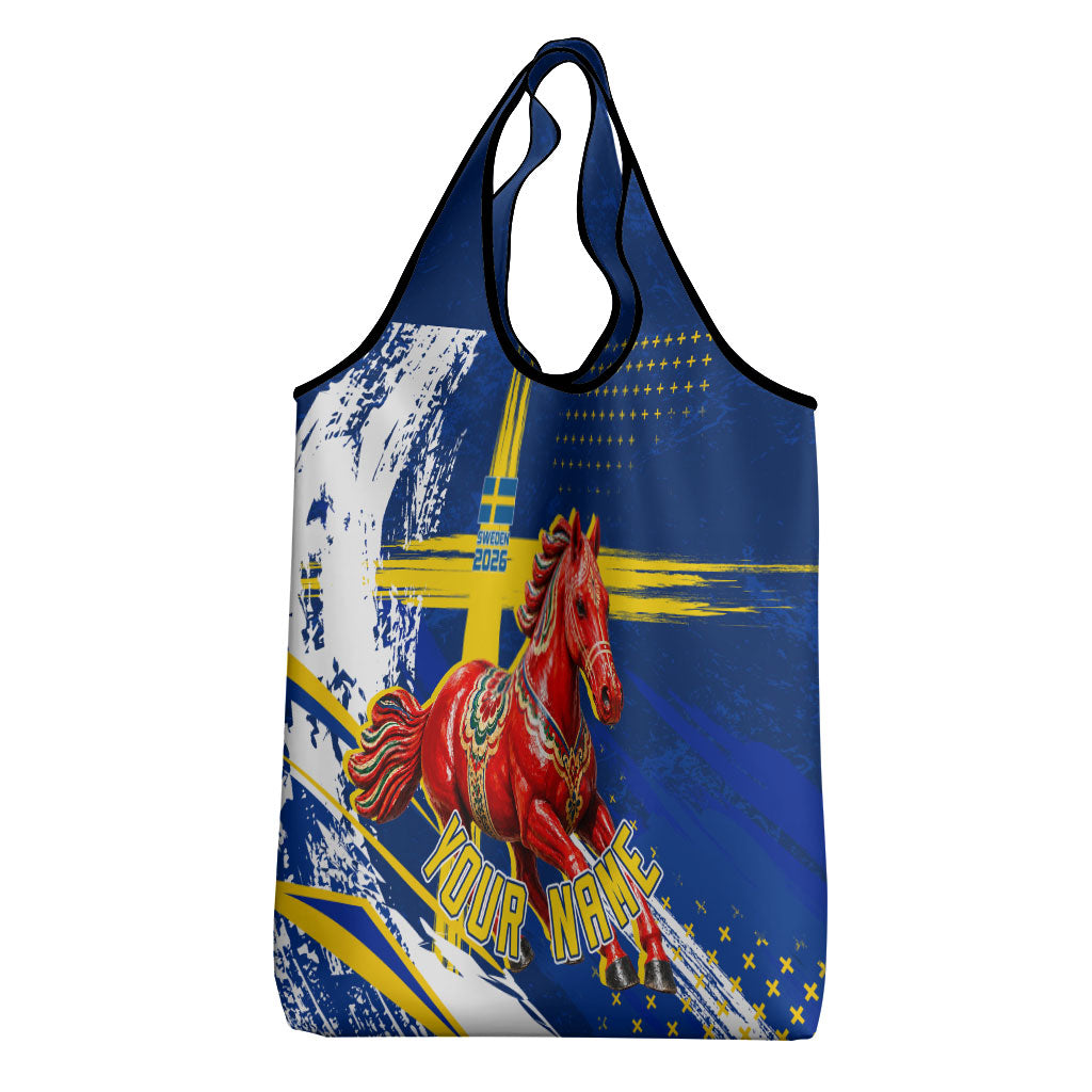 Personalized Sweden Dala Horse Soccer 2026 Grocery Bag Grunge Swedish Flag Brush Strokes