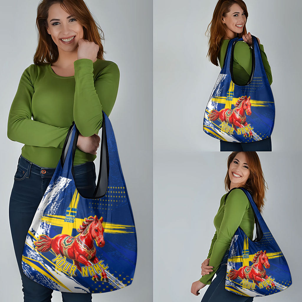 Personalized Sweden Dala Horse Soccer 2026 Grocery Bag Grunge Swedish Flag Brush Strokes