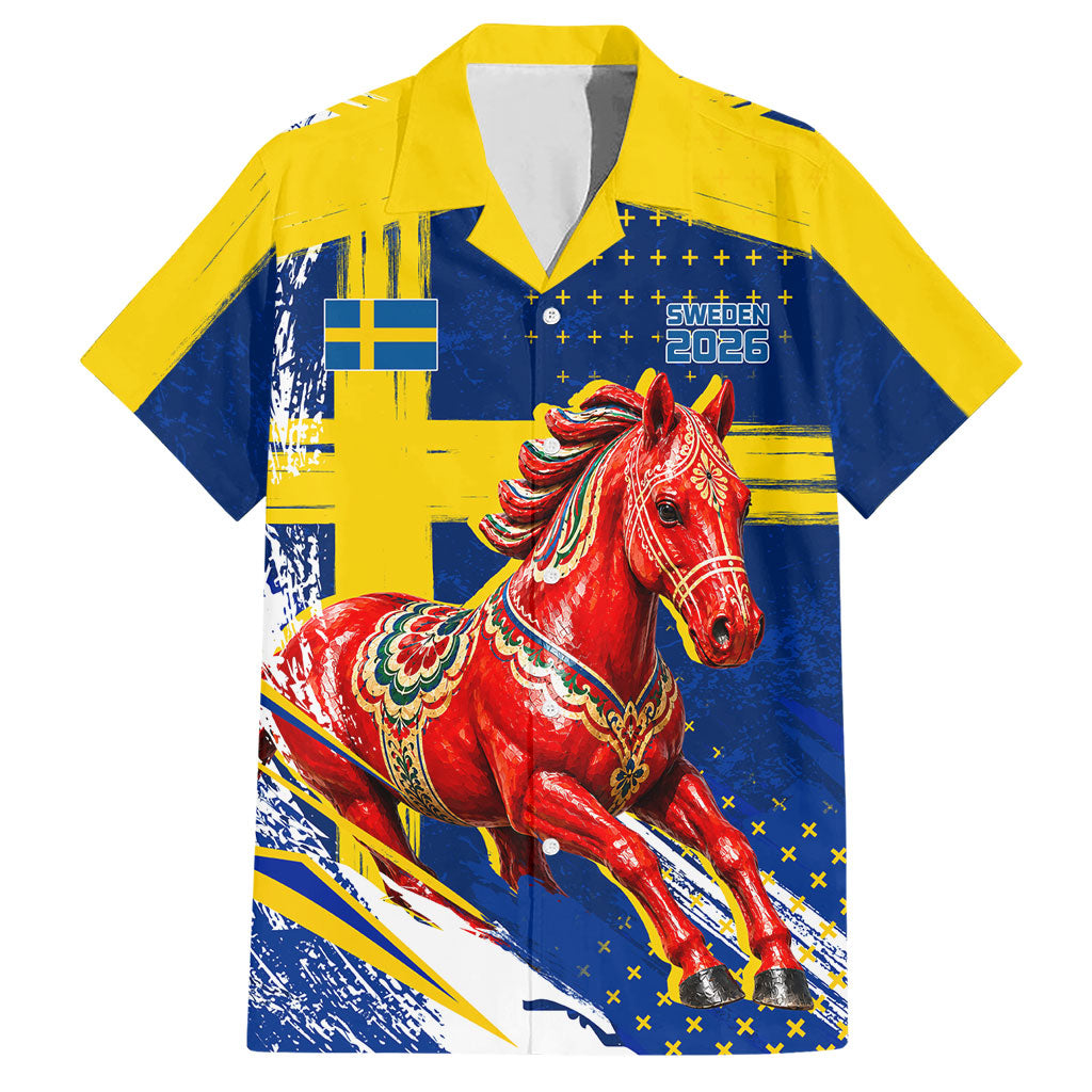 Personalized Sweden Dala Horse Soccer 2026 Hawaiian Shirt Grunge Swedish Flag Brush Strokes