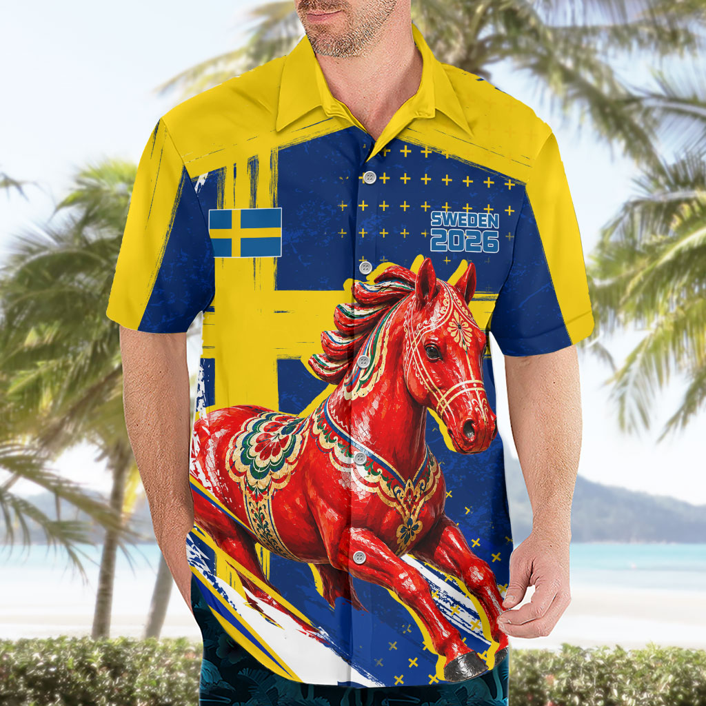 Personalized Sweden Dala Horse Soccer 2026 Hawaiian Shirt Grunge Swedish Flag Brush Strokes