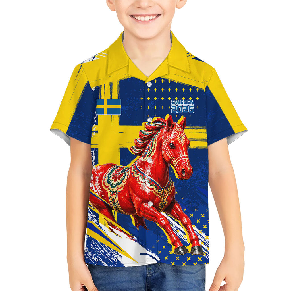 Personalized Sweden Dala Horse Soccer 2026 Hawaiian Shirt Grunge Swedish Flag Brush Strokes
