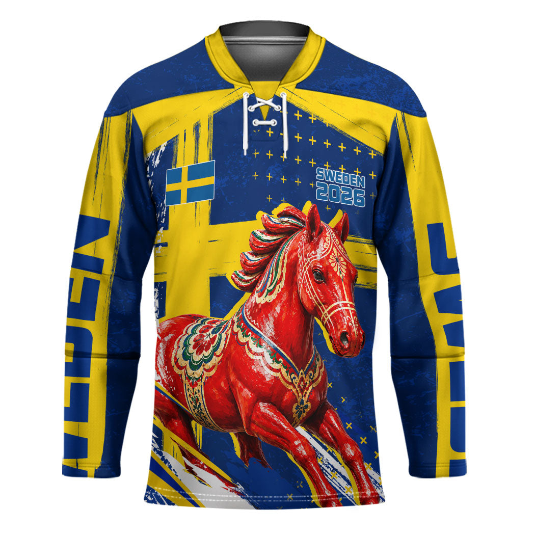 Personalized Sweden Dala Horse Soccer 2026 Hockey Jersey Grunge Swedish Flag Brush Strokes