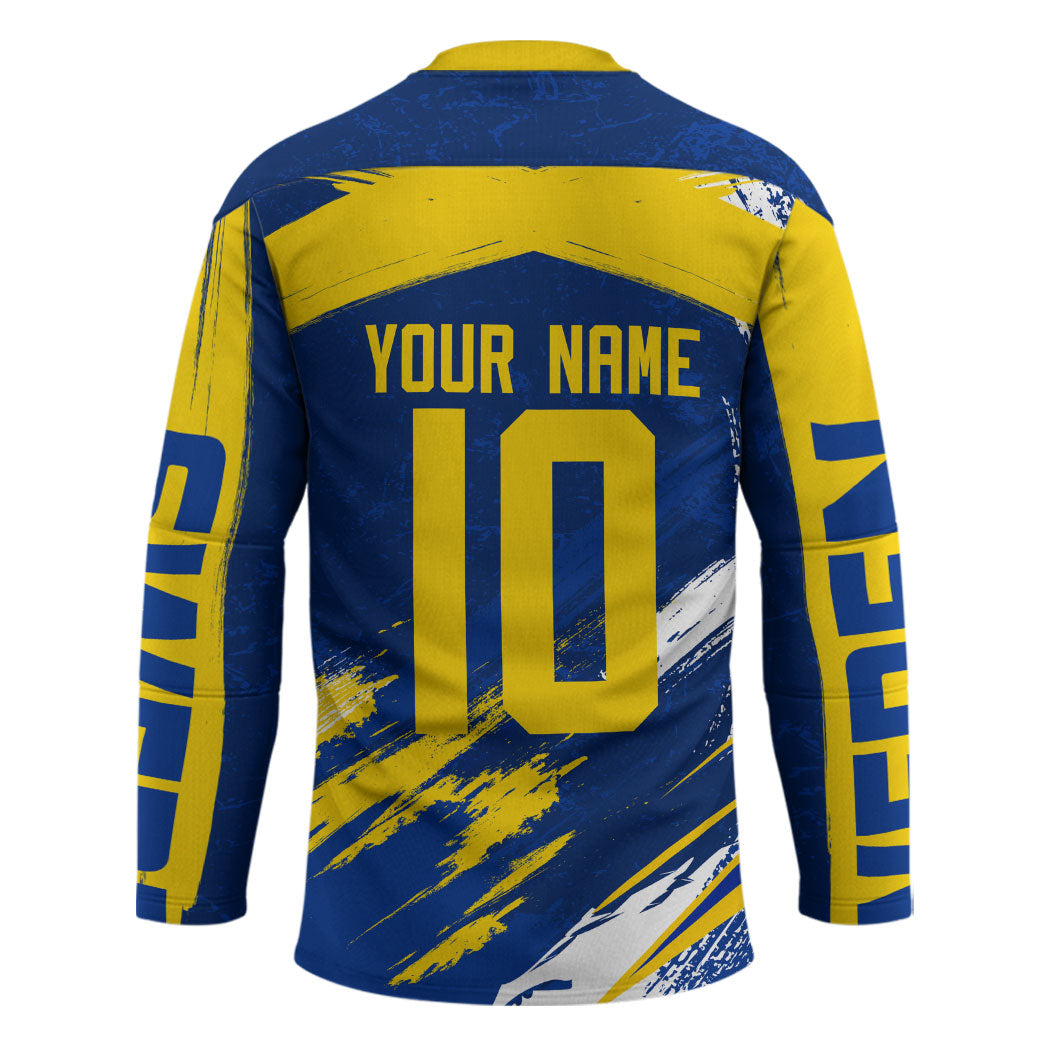 Personalized Sweden Dala Horse Soccer 2026 Hockey Jersey Grunge Swedish Flag Brush Strokes