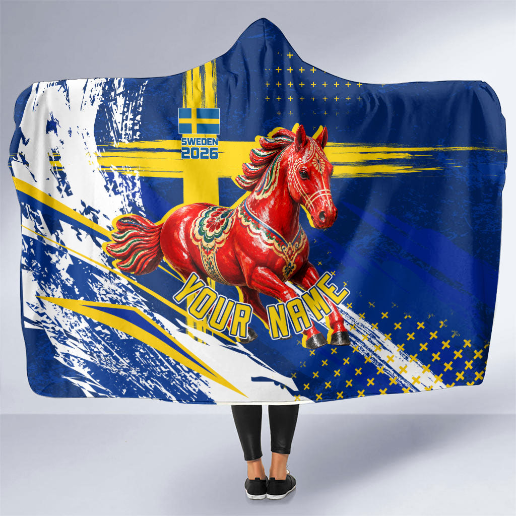 Personalized Sweden Dala Horse Soccer 2026 Hooded Blanket Grunge Swedish Flag Brush Strokes