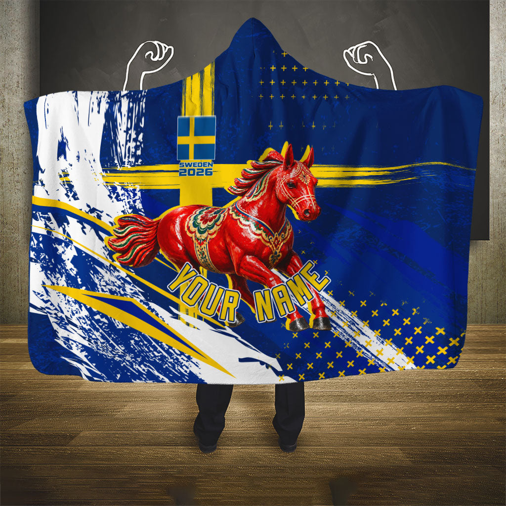 Personalized Sweden Dala Horse Soccer 2026 Hooded Blanket Grunge Swedish Flag Brush Strokes