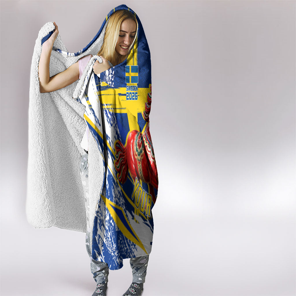 Personalized Sweden Dala Horse Soccer 2026 Hooded Blanket Grunge Swedish Flag Brush Strokes